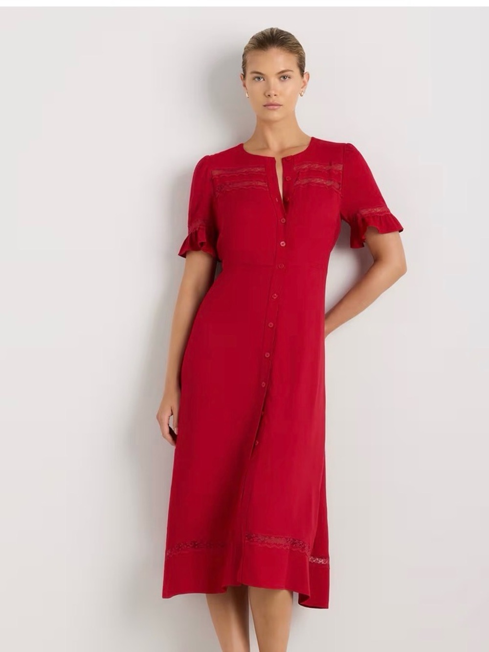 Quince Lightweight Crepe Red Button-Front Midi Dress with Lace Accents